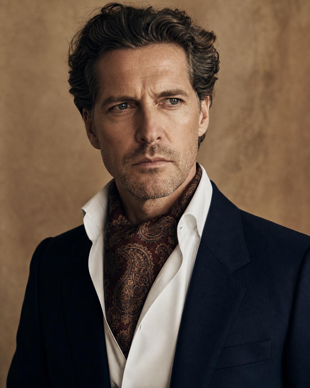 A serious gentleman in a paisley silk ascot tucked into an open white collar